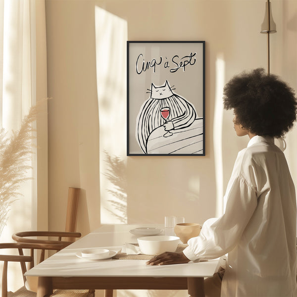 Cinq à Sept - Cat Drinking Red Wine - Black & Greige - Printable Wall Art - Digital Download