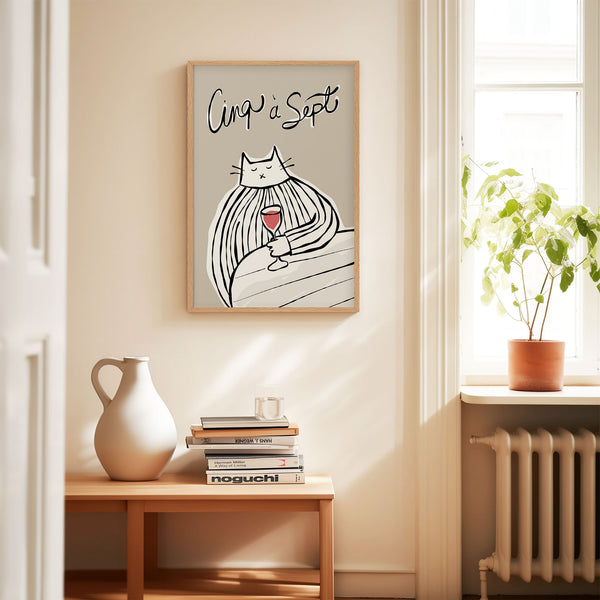 Cinq à Sept - Cat Drinking Red Wine - Black & Greige - Printable Wall Art - Digital Download