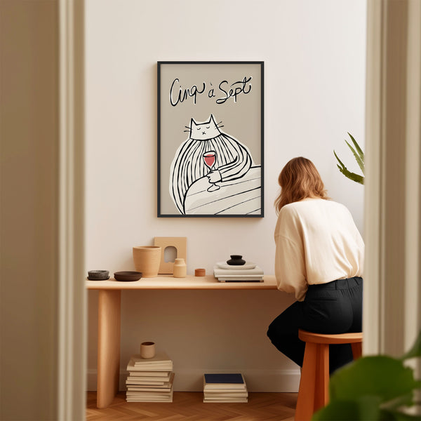 Cinq à Sept - Cat Drinking Red Wine - Black & Greige - Printable Wall Art - Digital Download