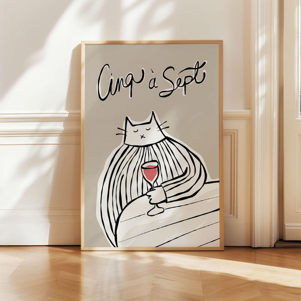 Cinq à Sept - Cat Drinking Red Wine - Black & Greige - Printable Wall Art - Digital Download