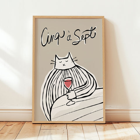 Cinq à Sept - Cat Drinking Red Wine - Black & Greige - Printable Wall Art - Digital Download