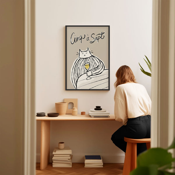 Cinq à Sept - Cat Drinking White Wine - Black & Greige - Printable Wall Art - Digital Download