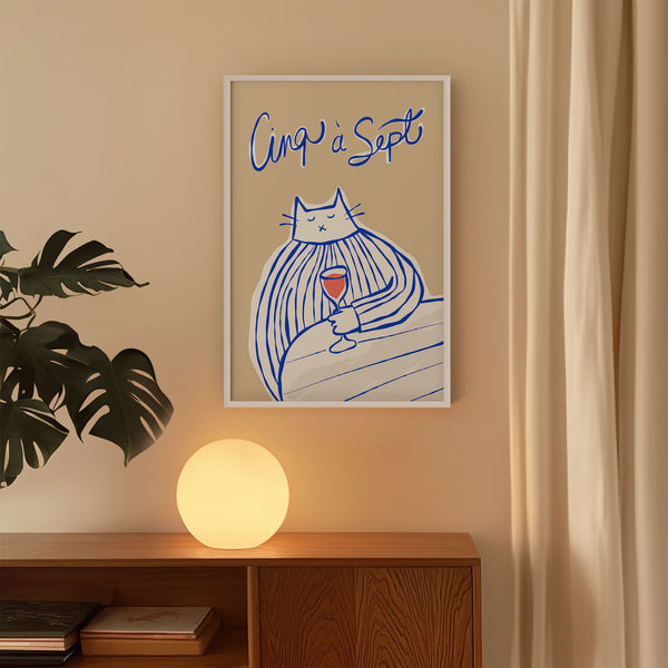 Cinq à Sept - Cat Drinking Red Wine - Blue & Beige - Printable Wall Art - Digital Download