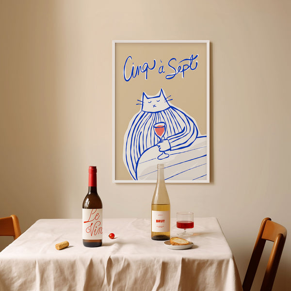 Cinq à Sept - Cat Drinking Red Wine - Blue & Beige - Printable Wall Art - Digital Download