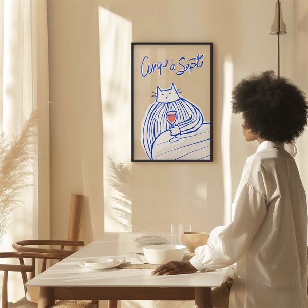 Cinq à Sept - Cat Drinking Red Wine - Blue & Beige - Printable Wall Art - Digital Download