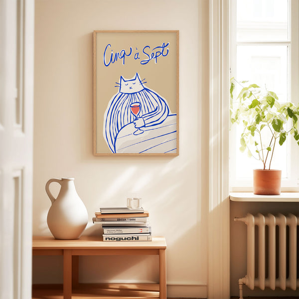 Cinq à Sept - Cat Drinking Red Wine - Blue & Beige - Printable Wall Art - Digital Download