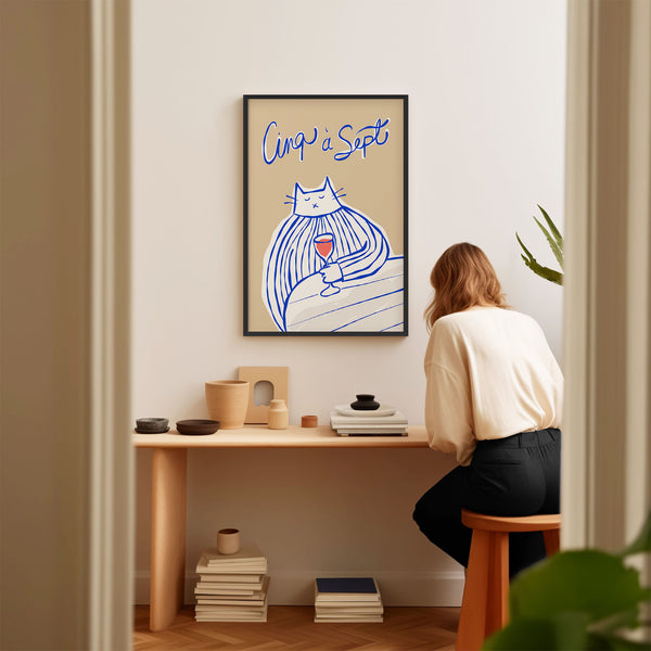 Cinq à Sept - Cat Drinking Red Wine - Blue & Beige - Printable Wall Art - Digital Download