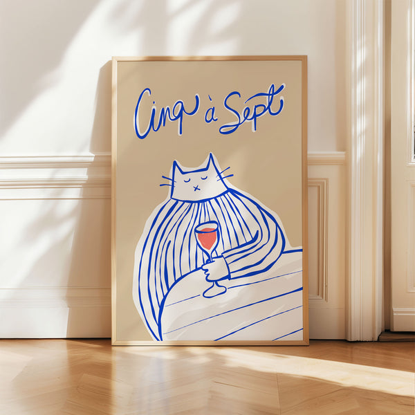 Cinq à Sept - Cat Drinking Red Wine - Blue & Beige - Printable Wall Art - Digital Download