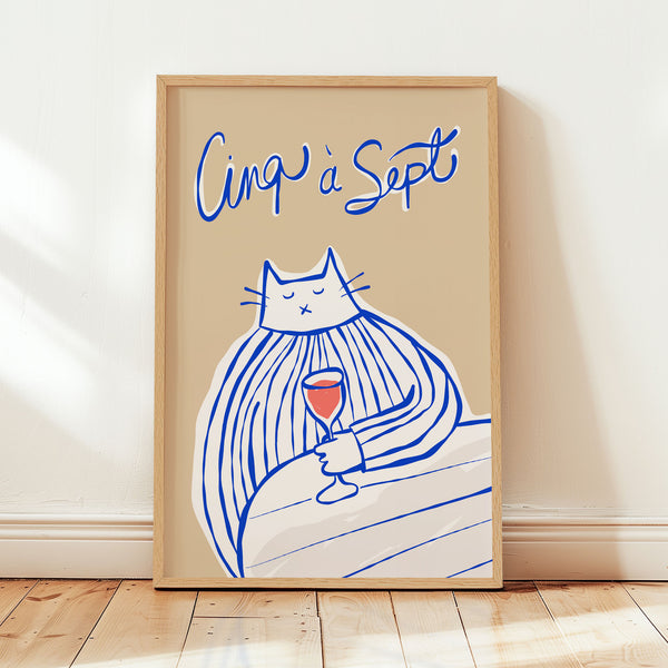 Cinq à Sept - Cat Drinking Red Wine - Blue & Beige - Printable Wall Art - Digital Download