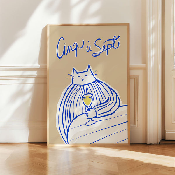 Cinq à Sept - Cat Drinking White Wine - Blue & Beige - Printable Wall Art - Digital Download