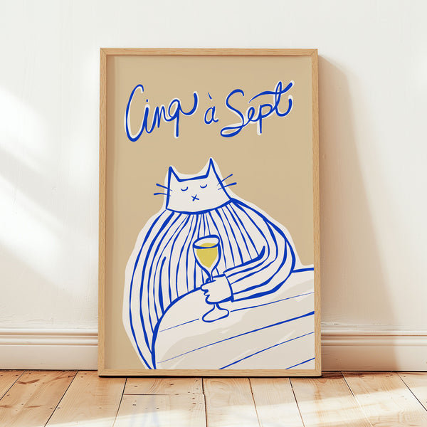 Cinq à Sept - Cat Drinking White Wine - Blue & Beige - Printable Wall Art - Digital Download