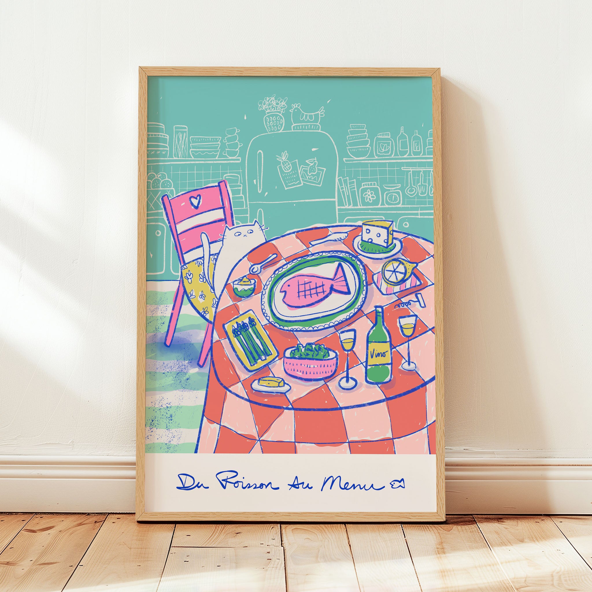 Du Poisson Au Menu Illustration - Cat Looking at Kitchen Table - Printable Wall Art - Digital Download