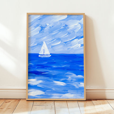 Blue Collection - At the Sea No. 5 - Sailboat on the Ocean - Abstract Painting - Printable Wall Art - Digital Download