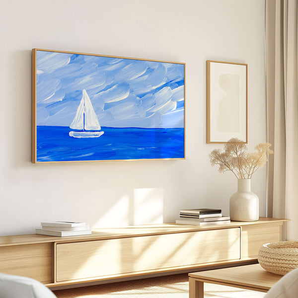 Blue Collection - At the Sea No. 5 - Sailboat on the Ocean - Abstract Painting - 4K Samsung Frame TV Art - Digital Download