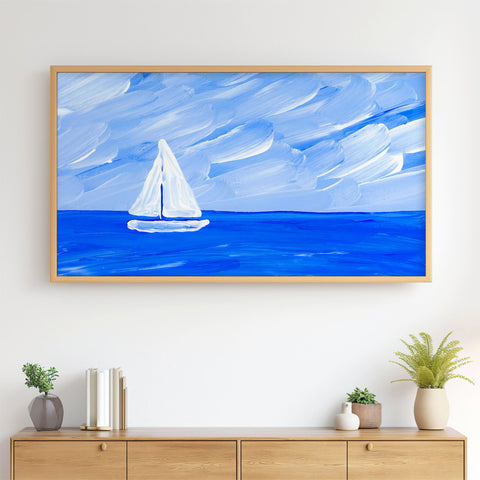 Blue Collection - At the Sea No. 5 - Sailboat on the Ocean - Abstract Painting - 4K Samsung Frame TV Art - Digital Download