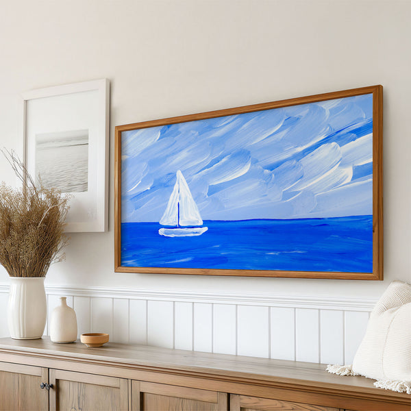 Blue Collection - At the Sea No. 5 - Sailboat on the Ocean - Abstract Painting - 4K Samsung Frame TV Art - Digital Download