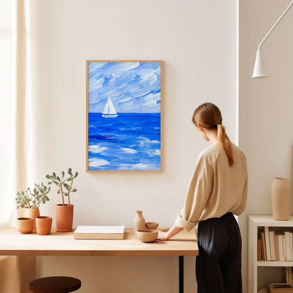 Blue Collection - At the Sea No. 5 - Sailboat on the Ocean - Abstract Painting - Printable Wall Art - Digital Download