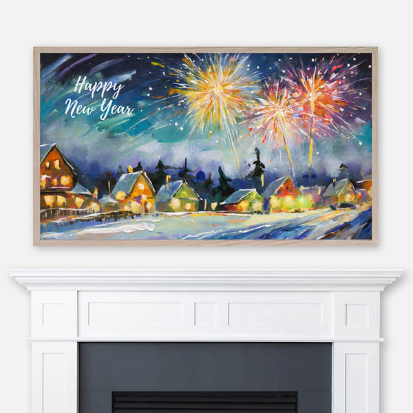 Happy New Year Samsung Frame TV Art 4K - Village and Fireworks at Night in Winter - Colorful Palette Knife Painting - Digital Download