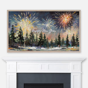 Happy New Year Samsung Frame TV Art 4K - Fireworks Over Pine Tree Forest at Night in Winter - Palette Knife Painting - Digital Download