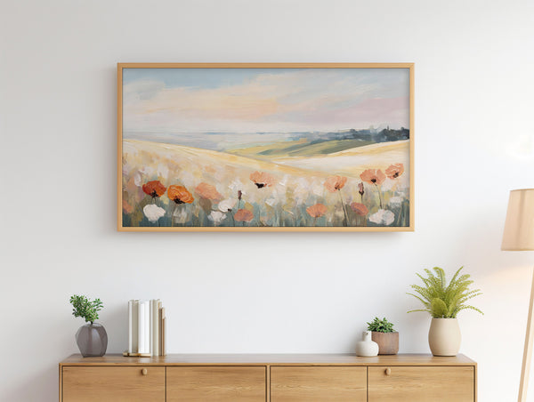 Spring Samsung Frame TV Art - Abstract Poppy Flower Field Nature Landscape - Minimalist Texture Painting - Soft Colors - Digital Download