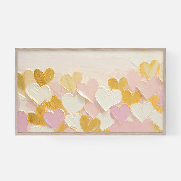 Valentine’s Day Samsung Frame TV Art 4K - Gold Blush Pink Creamy Pink Hearts - Textured 3D Palette Knife Painting - Digital Download