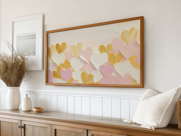 Valentine’s Day Samsung Frame TV Art 4K - Gold Blush Pink Creamy Pink Hearts - Textured 3D Palette Knife Painting - Digital Download