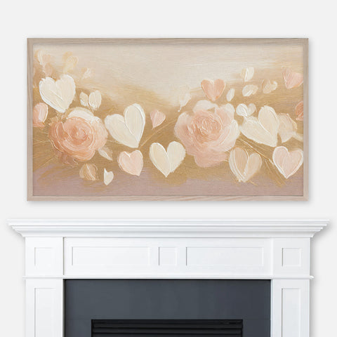 Valentine’s Day Samsung Frame TV Art 4K - Roses and Hearts - Neutral Gold Beige Blush Pink - Textured 3D Palette Knife - Digital Download