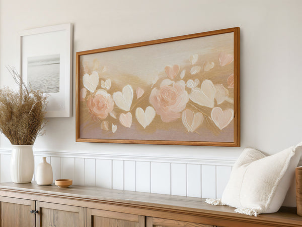 Valentine’s Day Samsung Frame TV Art 4K - Roses and Hearts - Neutral Gold Beige Blush Pink - Textured 3D Palette Knife - Digital Download