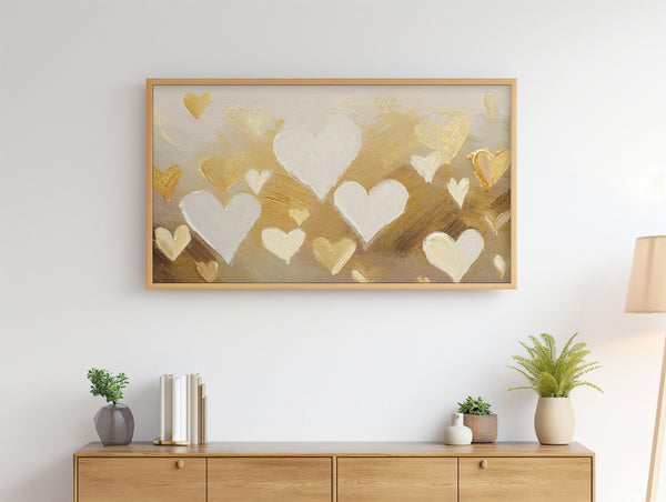 Valentine’s Day Samsung Frame TV Art 4K - Heart Pattern Background - Neutral Colors - Gold Cream Beige - Textured 3D - Digital Download
