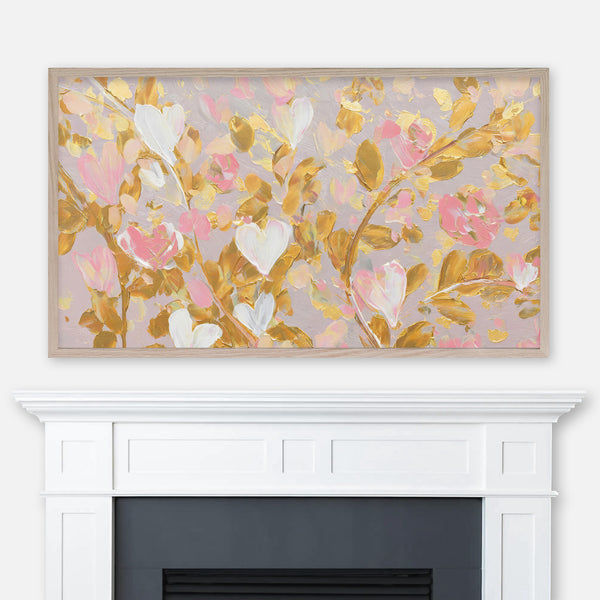 Valentine’s Day Samsung Frame TV Art 4K - Gold Branches Leaves Pink Roses Hearts - Spring Floral - Textured 3D Painting - Digital Download