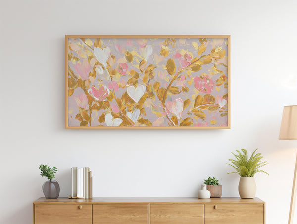 Valentine’s Day Samsung Frame TV Art 4K - Gold Branches Leaves Pink Roses Hearts - Spring Floral - Textured 3D Painting - Digital Download
