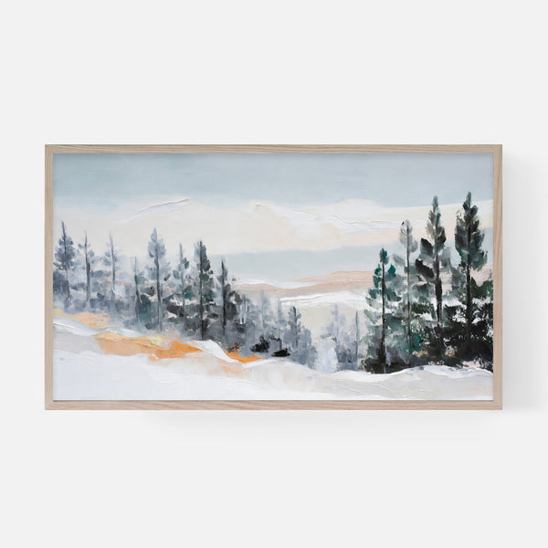 Winterscape Painting - Samsung Frame TV Art 4K - Snowy Pine Tree Forest - Minimalist Neutral - Digital Download