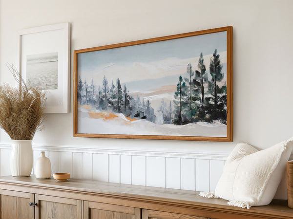 Winterscape Painting - Samsung Frame TV Art 4K - Snowy Pine Tree Forest - Minimalist Neutral - Digital Download