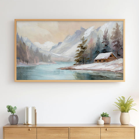 Winter Landscape No.14 - Log Cabin Lake Mountains - Abstract Painting - Soft Pastel Colors - 4K Samsung Frame TV Art - Digital Download