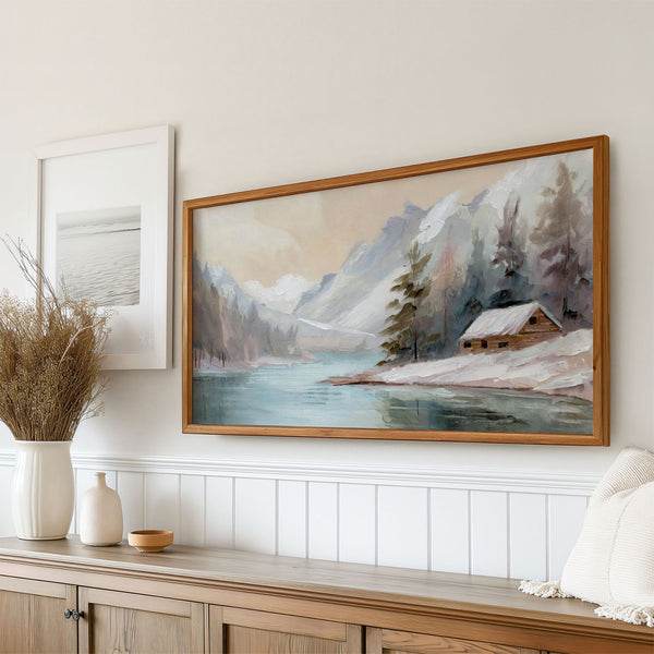 Winter Landscape No.14 - Log Cabin Lake Mountains - Abstract Painting - Soft Pastel Colors - 4K Samsung Frame TV Art - Digital Download