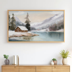 Winter Landscape No.16 - Log Cabin on a Lake with Snowy Mountains - Abstract Painting - 4K Samsung Frame TV Art - Digital Download