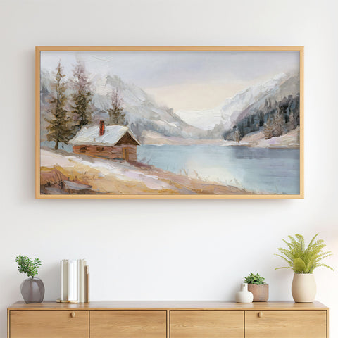 Secluded Log Cabin Lake Snowy Mountains - Early Winter Spring Abstract Landscape Painting - 4K Samsung Frame TV Art - Digital Download