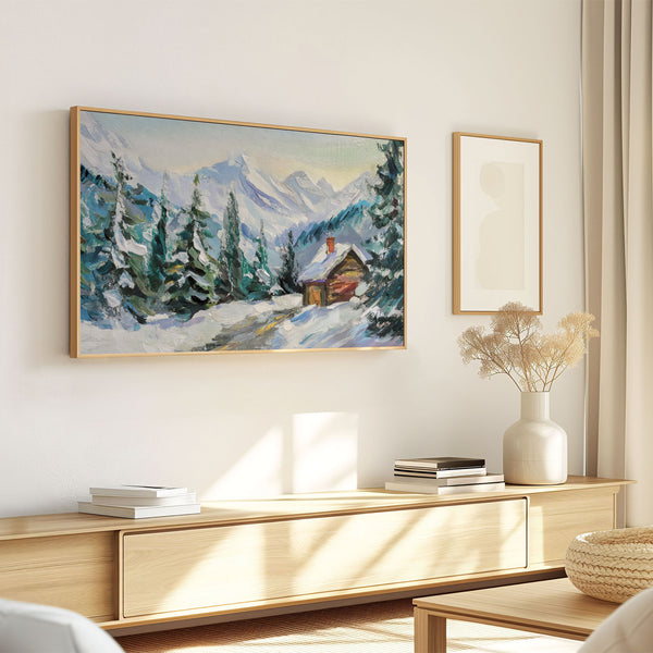 Winter Landscape No.3 - Abstract Palette Knife Painting - Wooden Cabin Pine Trees Mountains - 4K Samsung Frame TV Art - Digital Download