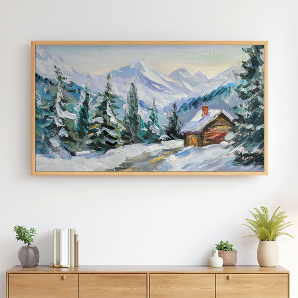 Winter Landscape No.3 - Abstract Palette Knife Painting - Wooden Cabin Pine Trees Mountains - 4K Samsung Frame TV Art - Digital Download