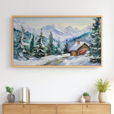 Winter Landscape No.3 - Abstract Palette Knife Painting - Wooden Cabin Pine Trees Mountains - 4K Samsung Frame TV Art - Digital Download