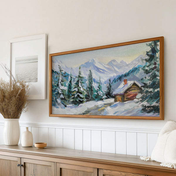 Winter Landscape No.3 - Abstract Palette Knife Painting - Wooden Cabin Pine Trees Mountains - 4K Samsung Frame TV Art - Digital Download