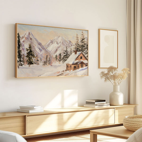 Winter Landscape No.4 - Abstract Painting Wood Cabin Snowy Mountains - Neutral Pastels Beige - 4K Samsung Frame TV Art - Digital Download