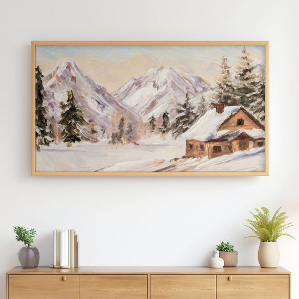 Winter Landscape No.4 - Abstract Painting Wood Cabin Snowy Mountains - Neutral Pastels Beige - 4K Samsung Frame TV Art - Digital Download