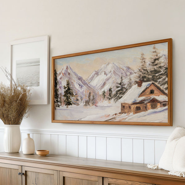 Winter Landscape No.4 - Abstract Painting Wood Cabin Snowy Mountains - Neutral Pastels Beige - 4K Samsung Frame TV Art - Digital Download