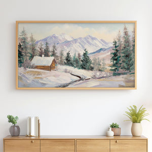 Winter Landscape No.5 - Snowy Log Cabin in the Mountains - Abstract Painting - Neutral Pastels - 4K Samsung Frame TV Art - Digital Download