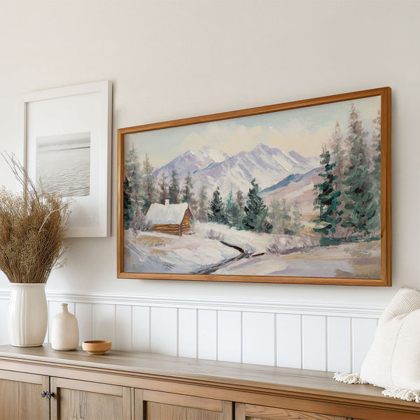 Winter Landscape No.5 - Snowy Log Cabin in the Mountains - Abstract Painting - Neutral Pastels - 4K Samsung Frame TV Art - Digital Download