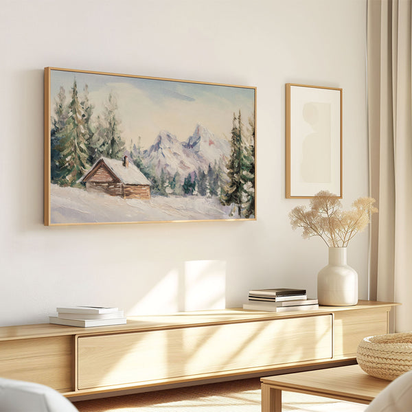 Winter Landscape No.6 - Log Cabin Forest Snowy Mountains - Abstract Painting - Neutral Pastels - 4K Samsung Frame TV Art - Digital Download