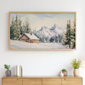 Winter Landscape No.6 - Log Cabin Forest Snowy Mountains - Abstract Painting - Neutral Pastels - 4K Samsung Frame TV Art - Digital Download