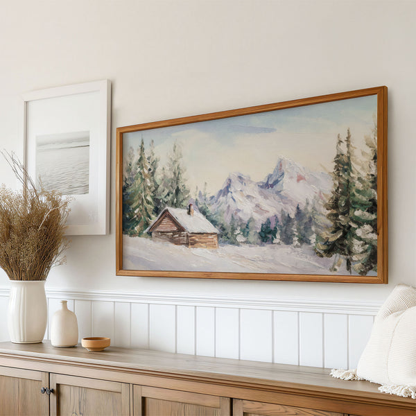 Winter Landscape No.6 - Log Cabin Forest Snowy Mountains - Abstract Painting - Neutral Pastels - 4K Samsung Frame TV Art - Digital Download