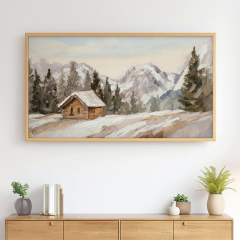 Winter Landscape No.7 - Log Cabin in the Mountains - Abstract Painting - Neutral Earth Tones - 4K Samsung Frame TV Art - Digital Download